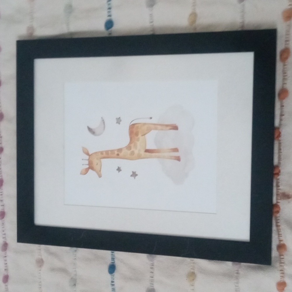Giraffe w Moon & stars Matted Framed Art  Print Wall Decor